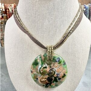 Round Art Glass Pendant Green & Copper Tone Seed Bead Necklace
